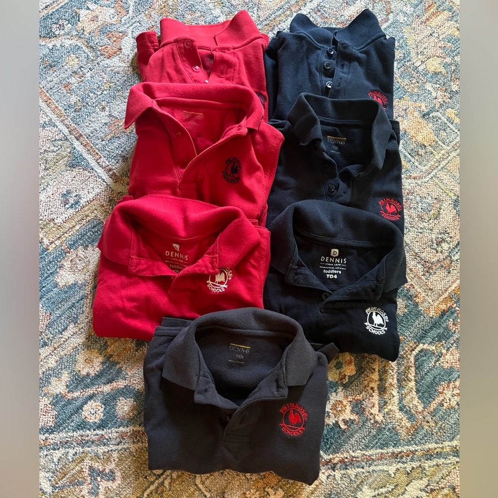 Lot of 7 short sleeved Primrose uniform polo shirts YXS & 4T. 3 red & 4 blue.